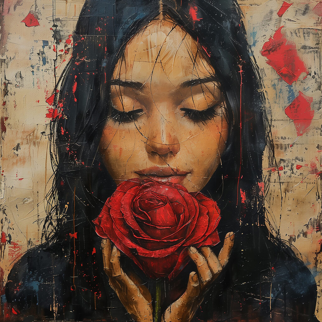 Painting of a woman holding a red rose