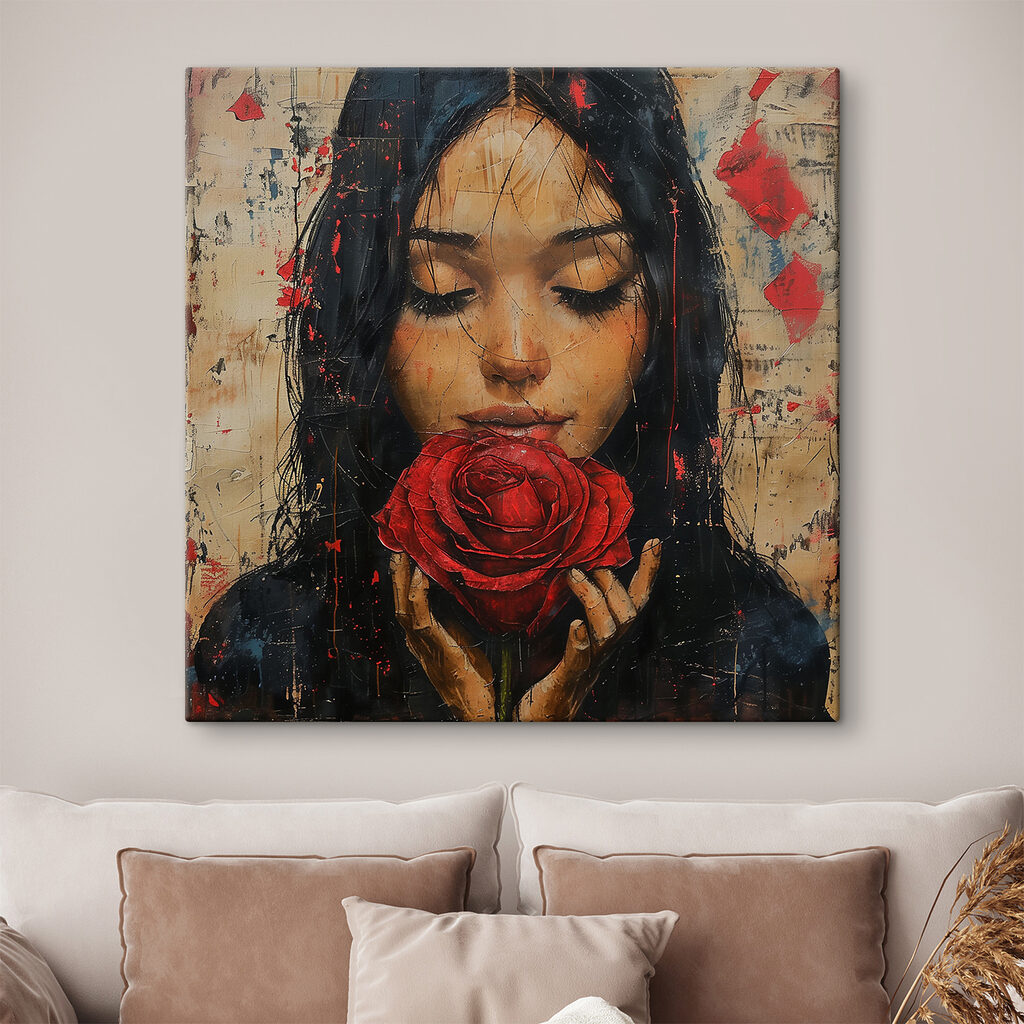 Painting of a woman holding a red rose