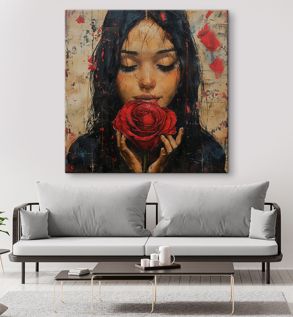 Painting of a woman holding a red rose