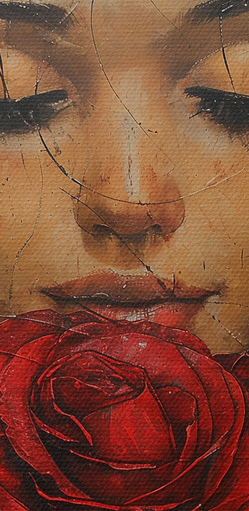 Painting of a woman holding a red rose