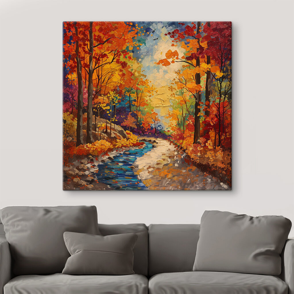 Painting of a river running through a forest