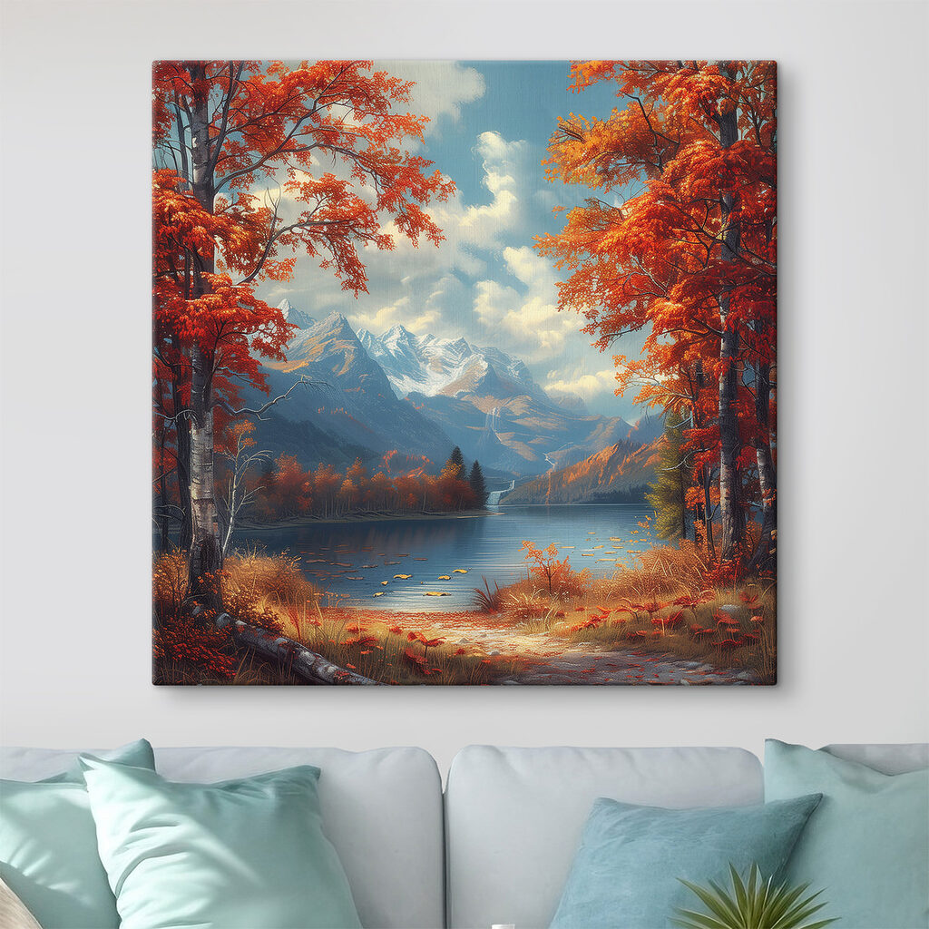 Lake with orange leaves and mountains in the background Lake with orange leaves and mountains in the background