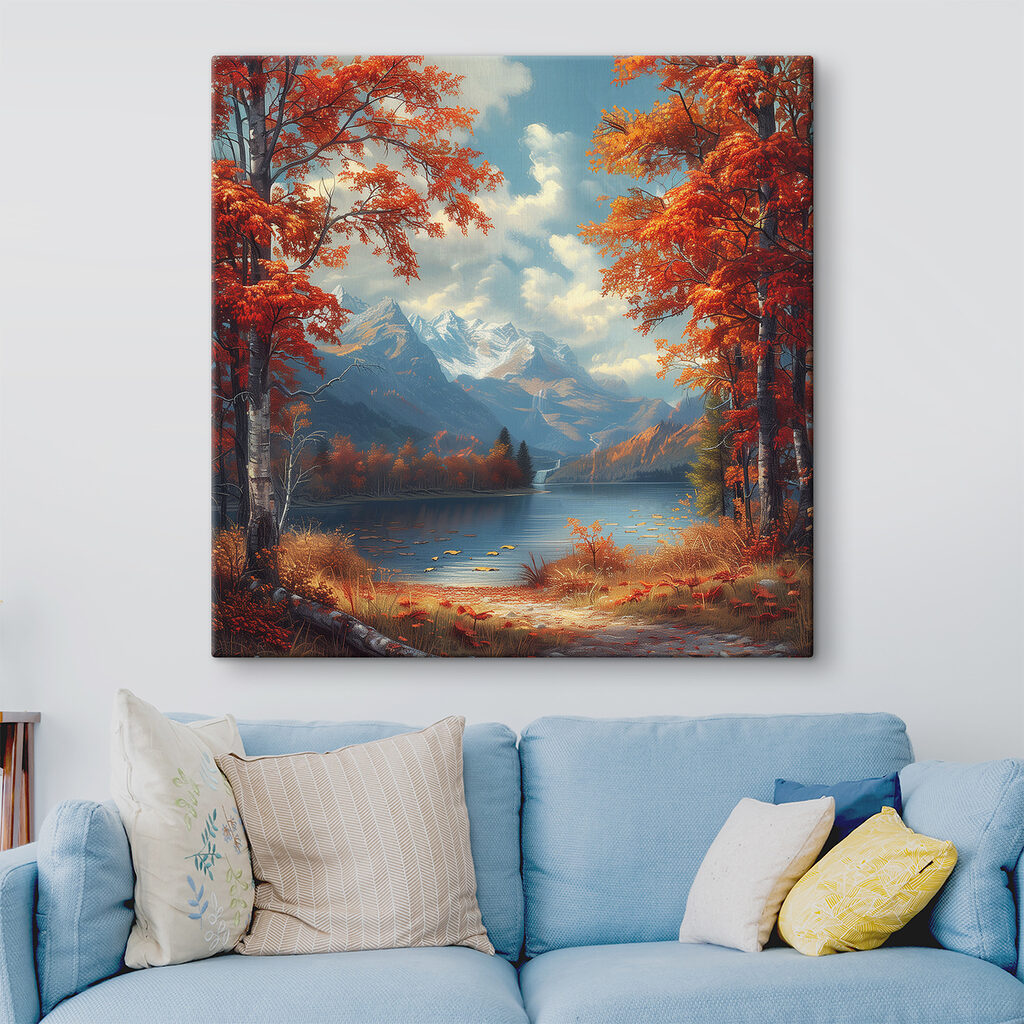 Lake with orange leaves and mountains in the background Lake with orange leaves and mountains in the background