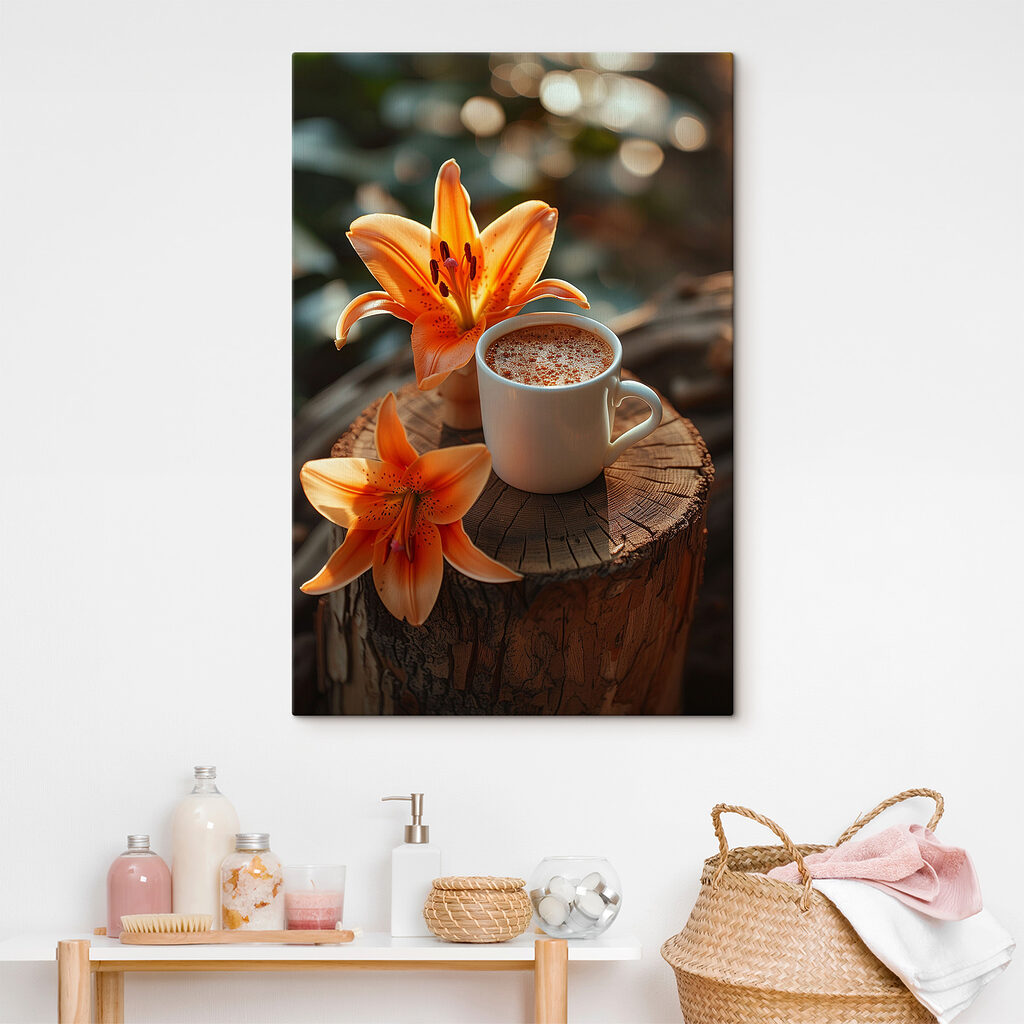 Cup of coffee and orange flowers