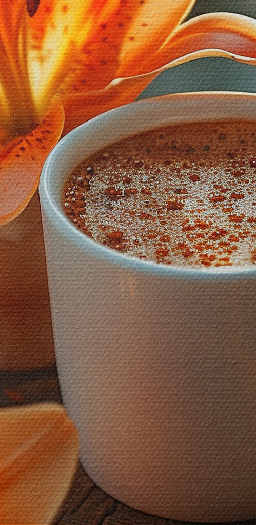 Cup of coffee and orange flowers