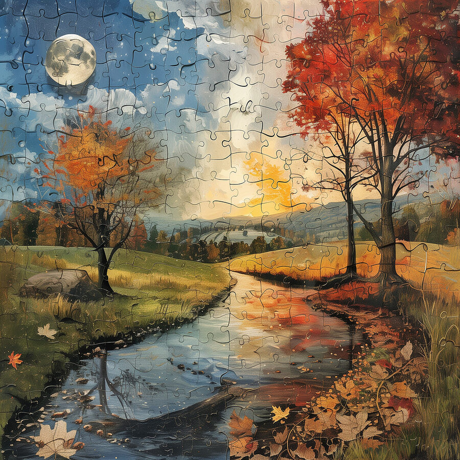 Puzzle egy folyó fákkal és holddal
