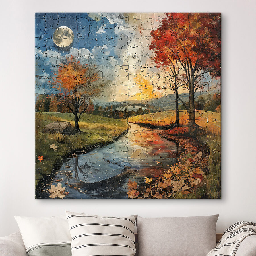 Puzzle egy folyó fákkal és holddal