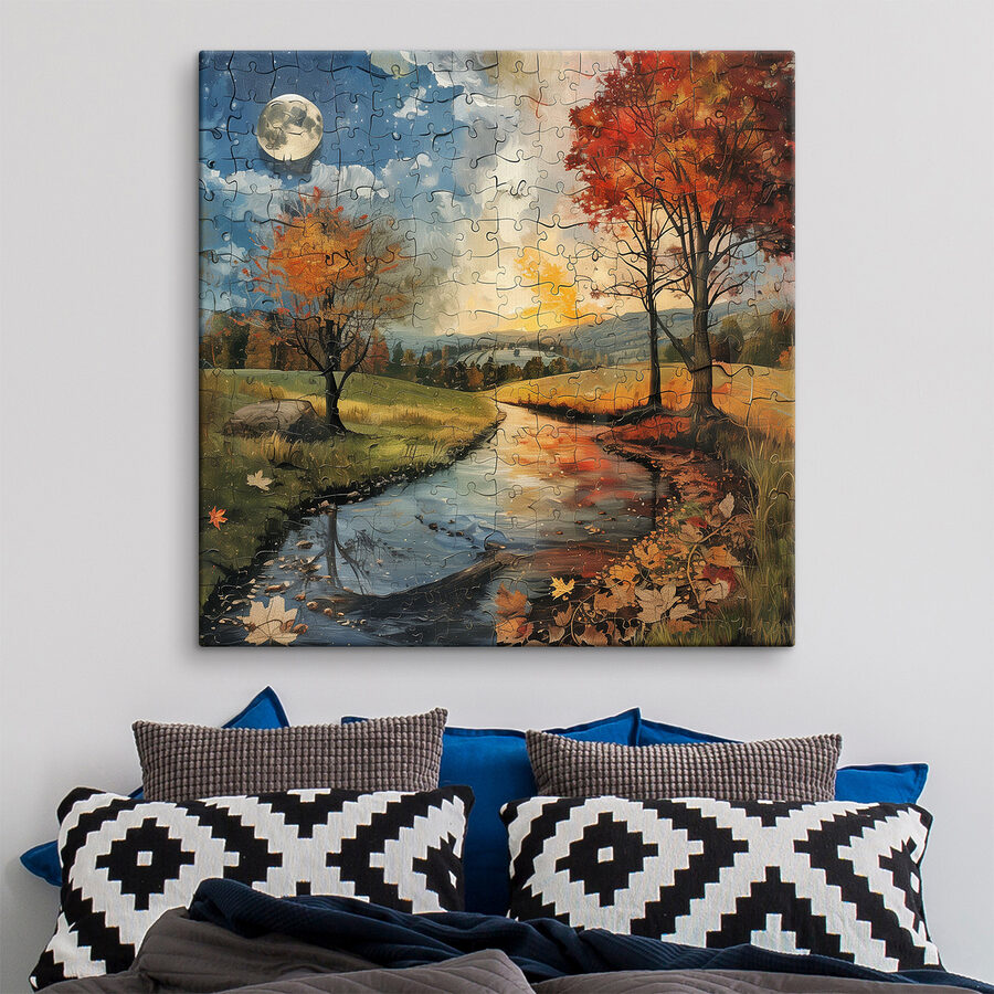 Puzzle egy folyó fákkal és holddal