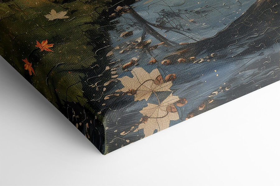 Puzzle egy folyó fákkal és holddal