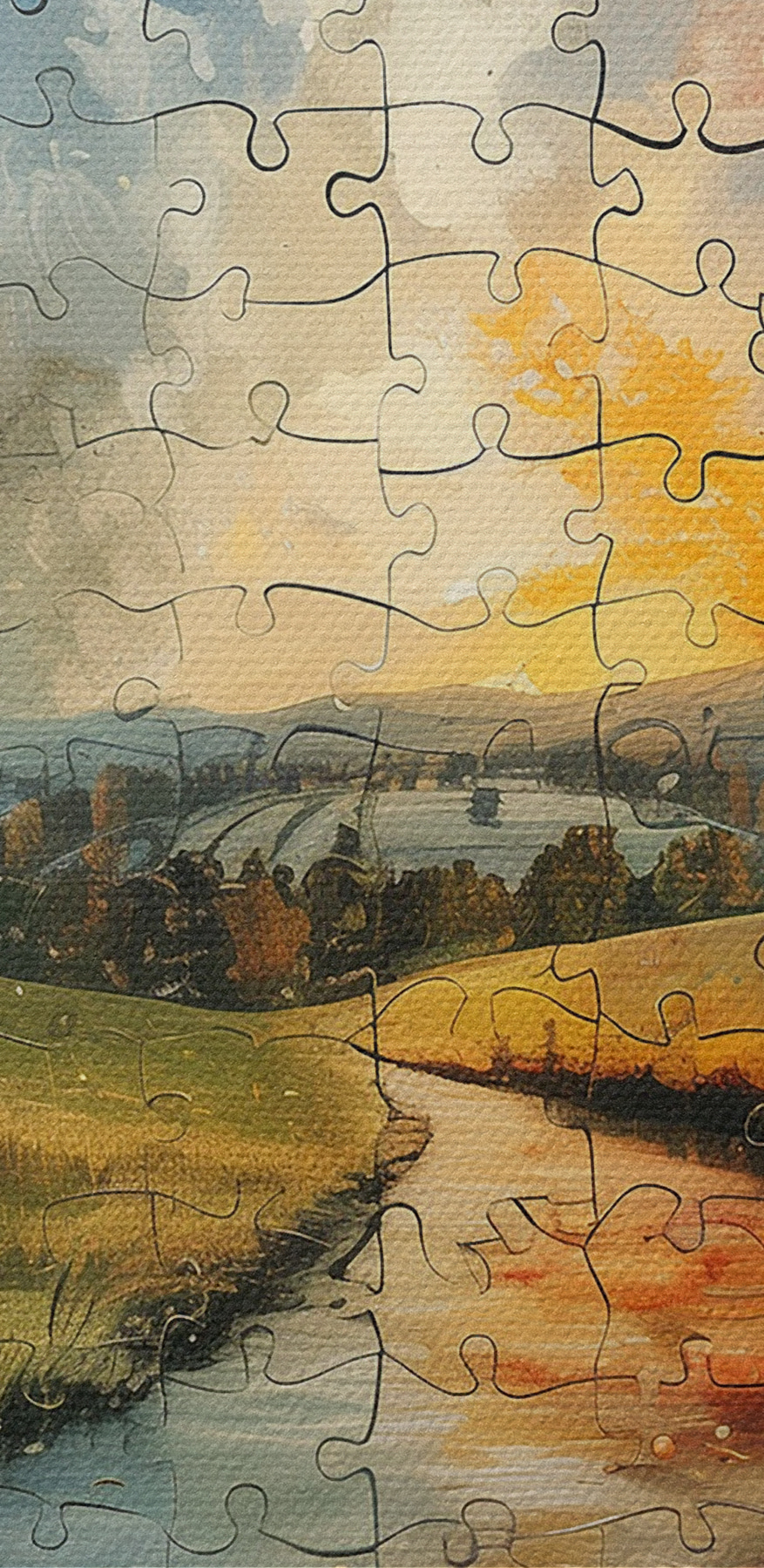 Puzzle egy folyó fákkal és holddal
