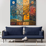 Vászonképek Egy fa festménye különböző színű fákkal és madarakkal