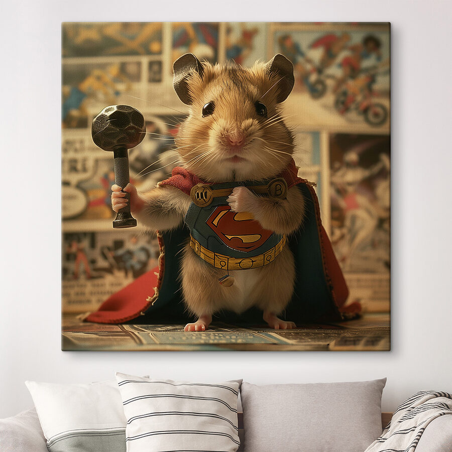 Vászonképek Hamster köpenyt visel és kalapácsot tart a kezében - Image 2