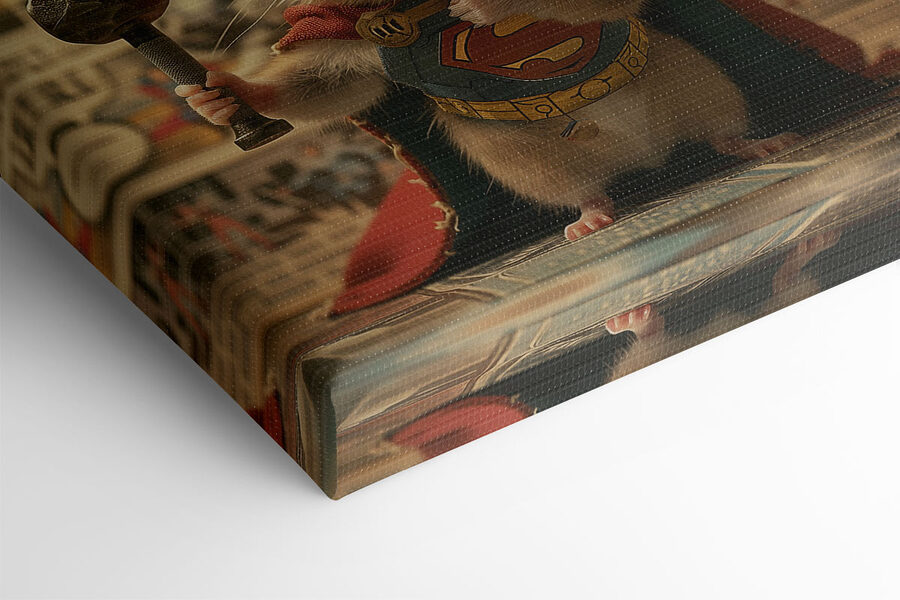 Vászonképek Hamster köpenyt visel és kalapácsot tart a kezében - Image 3