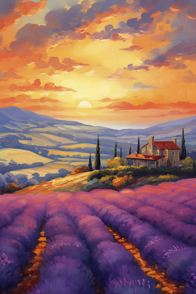 House on a hill with lavender fields House on a hill with lavender fields
