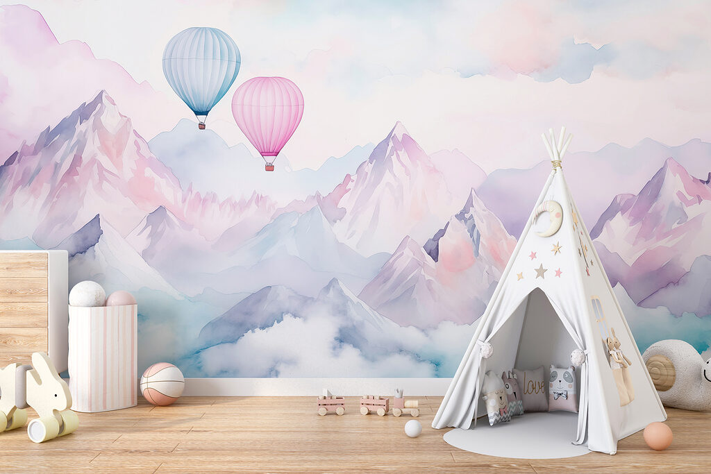 Group of hot air balloons in the sky over mountains Group of hot air balloons in the sky over mountains