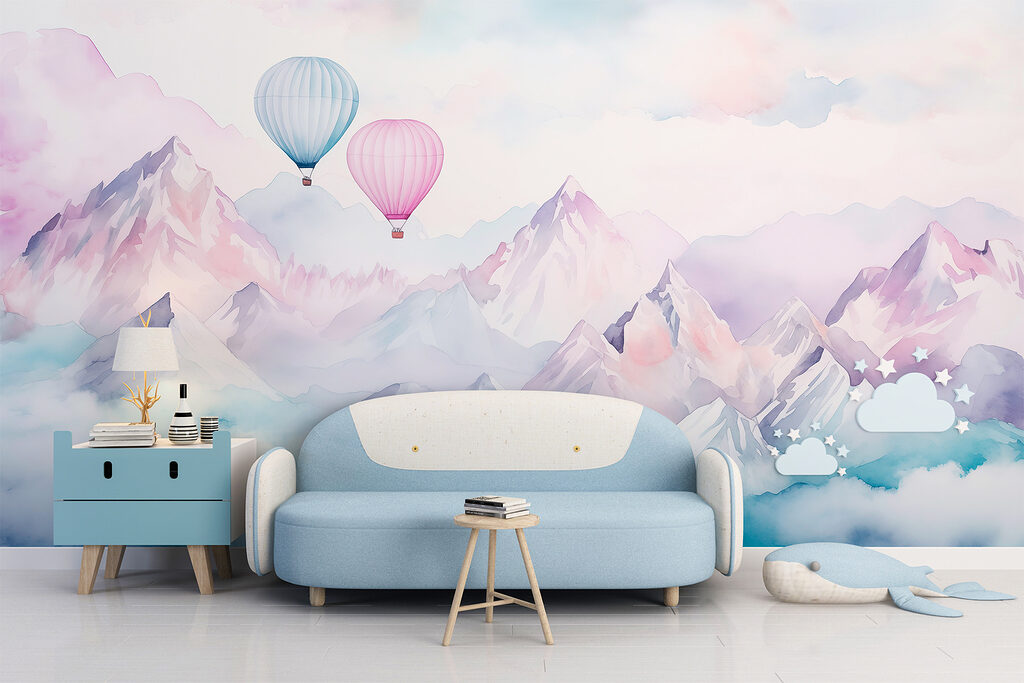 Group of hot air balloons in the sky over mountains Group of hot air balloons in the sky over mountains