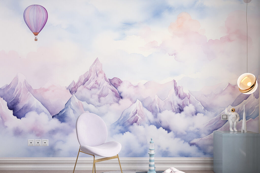 Painting of a mountain range with a balloon in the sky Painting of a mountain range with a balloon in the sky