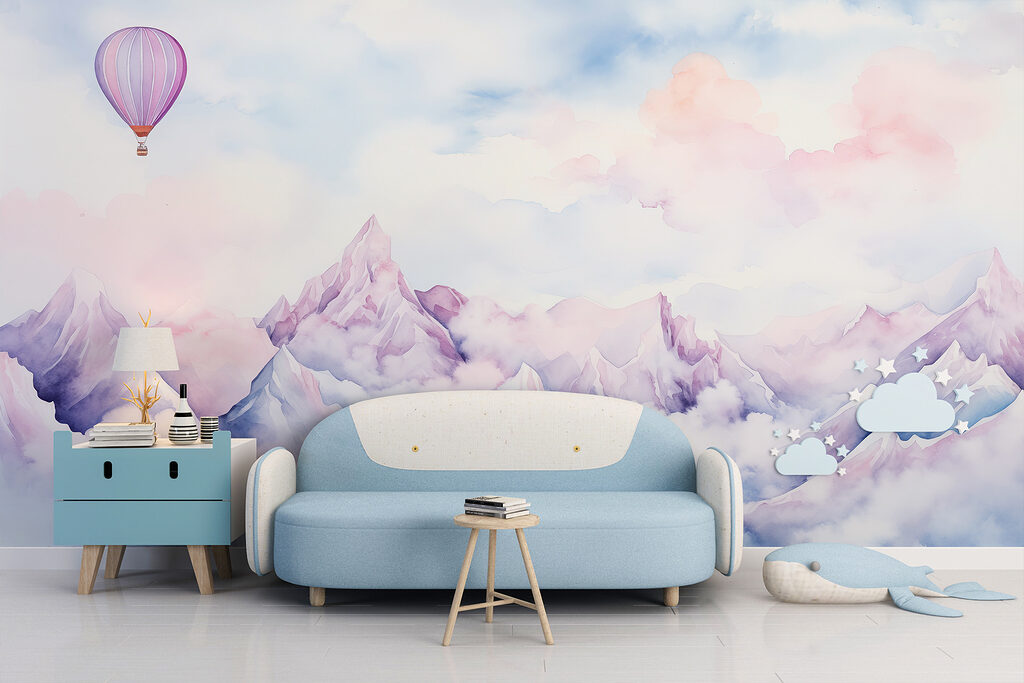 Painting of a mountain range with a balloon in the sky Painting of a mountain range with a balloon in the sky