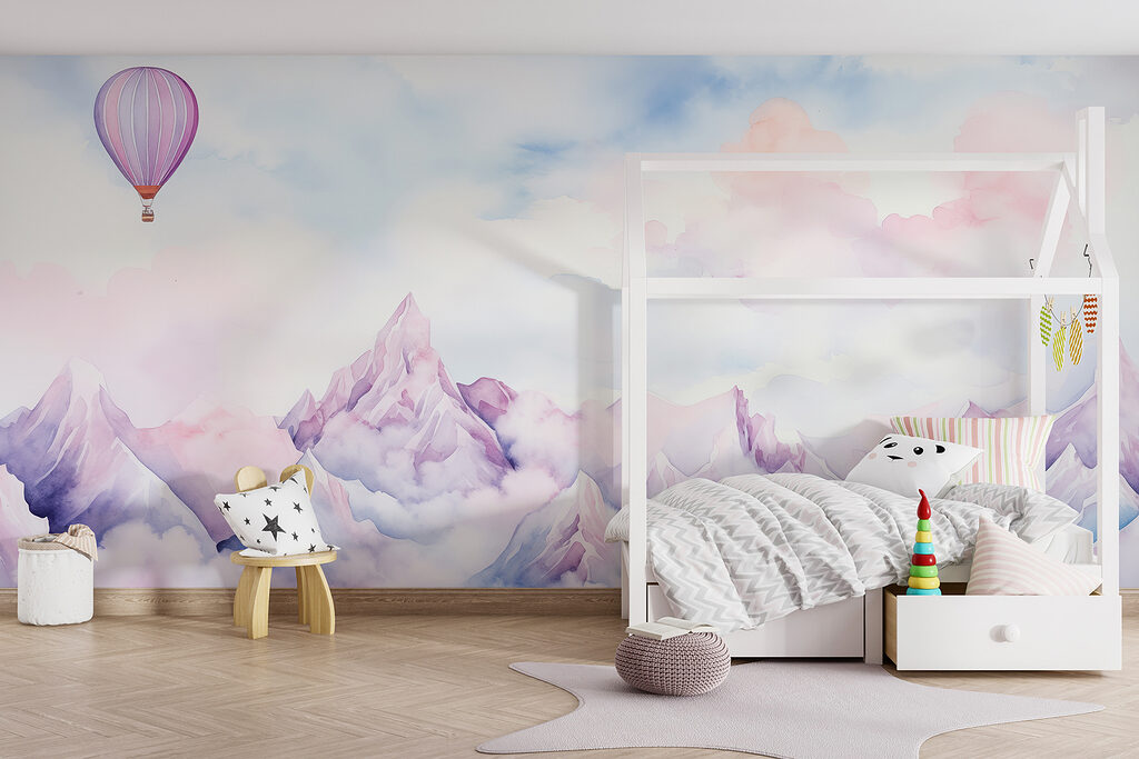 Painting of a mountain range with a balloon in the sky Painting of a mountain range with a balloon in the sky