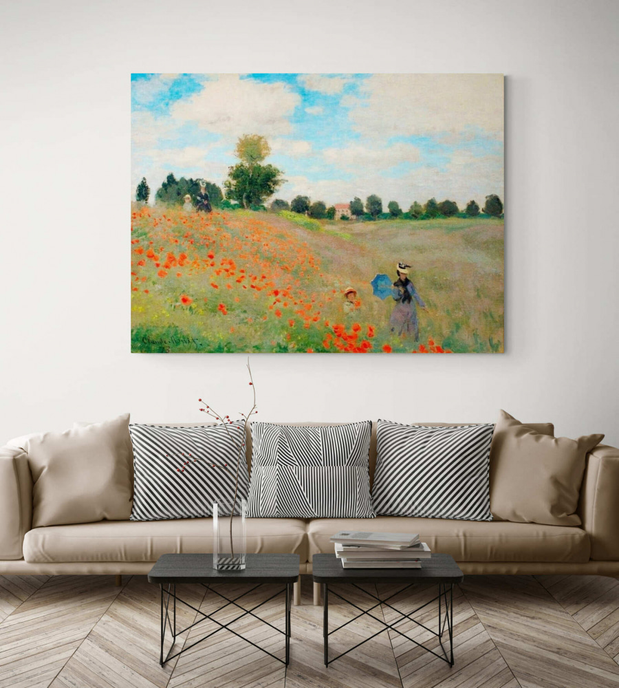 Festmény emberek sétálnak egy virágmezőn