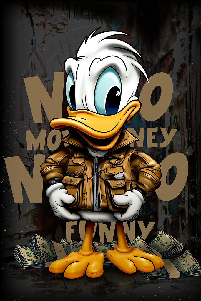 Cartoon duck wearing a jacket and holding a bunch of money
