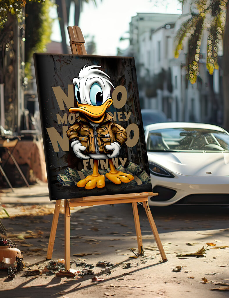 Cartoon duck wearing a jacket and holding a bunch of money