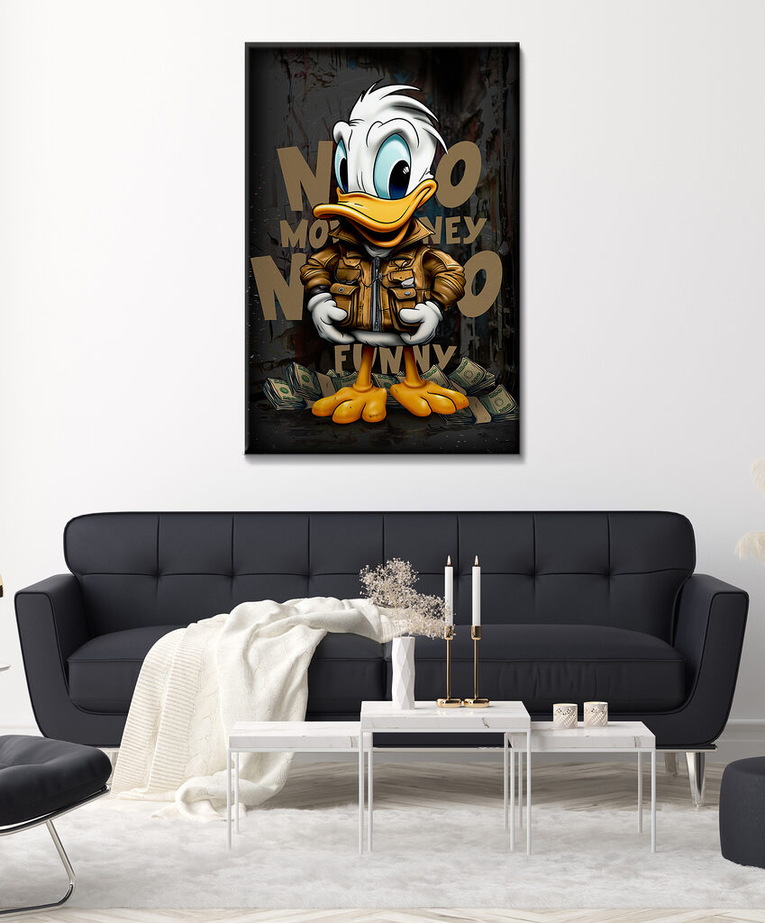 Cartoon duck wearing a jacket and holding a bunch of money