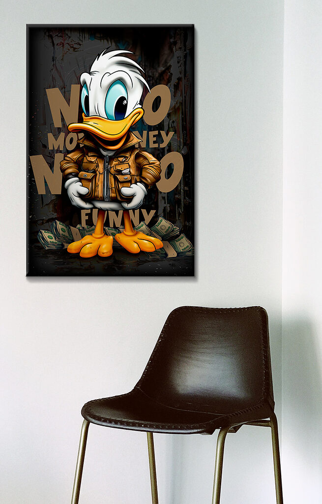 Cartoon duck wearing a jacket and holding a bunch of money