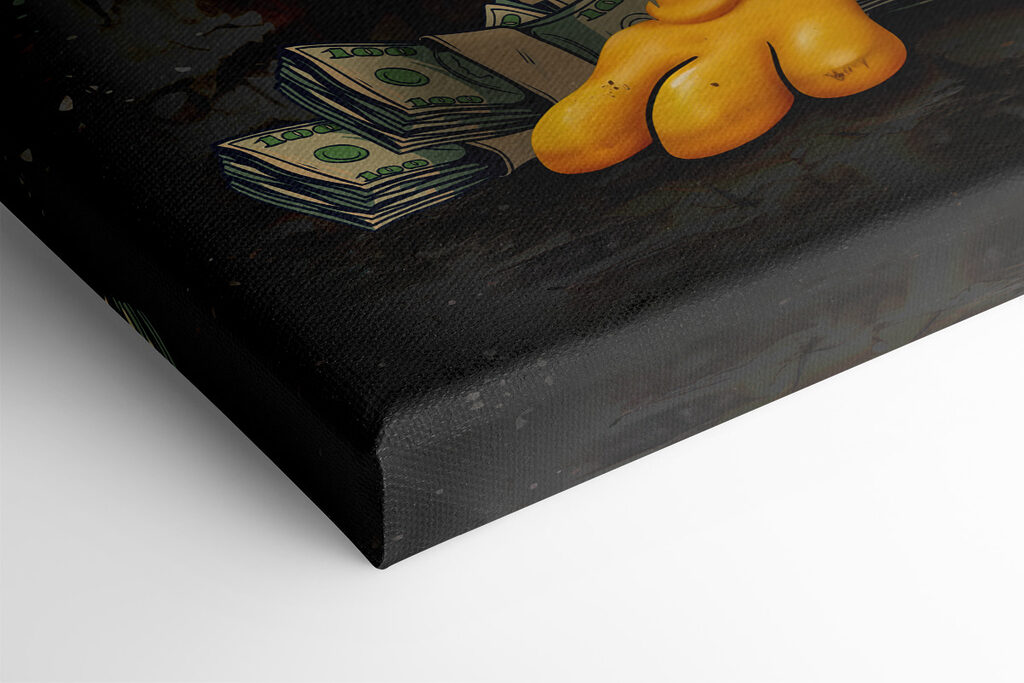 Cartoon duck wearing a jacket and holding a bunch of money