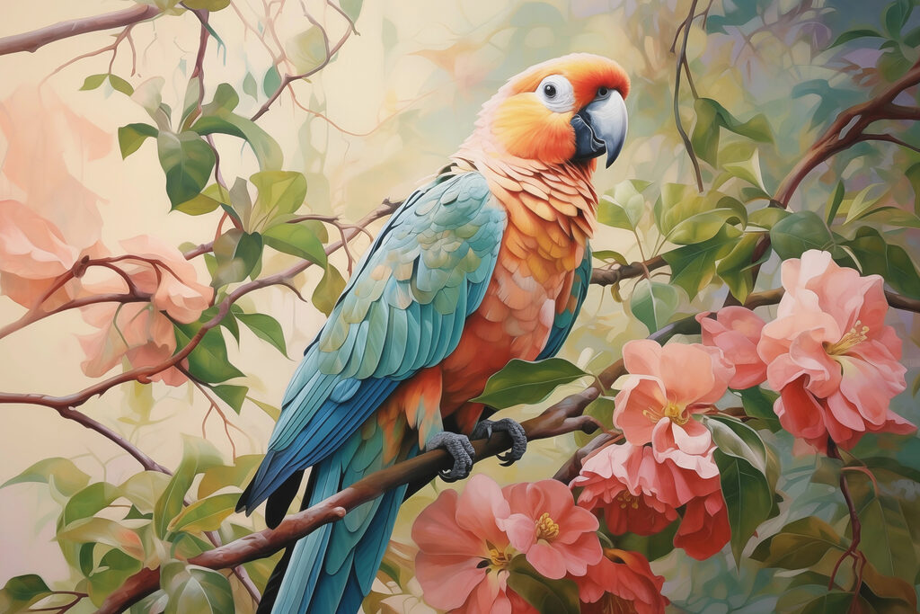 Colorful bird sitting on a branch with flowers