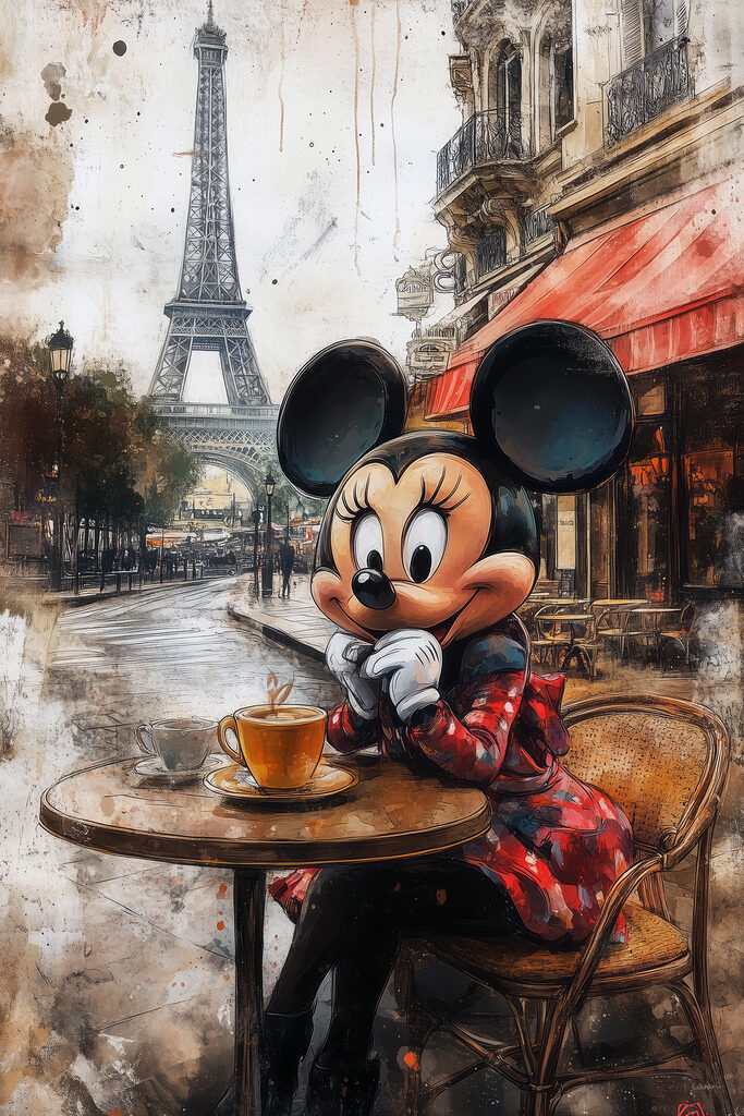 Cartoon character sitting at a table with a cup of tea