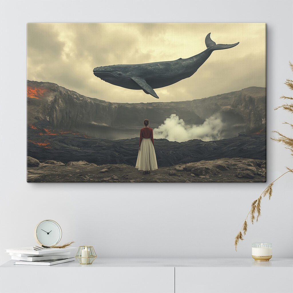 Woman looking at a whale flying over a volcano