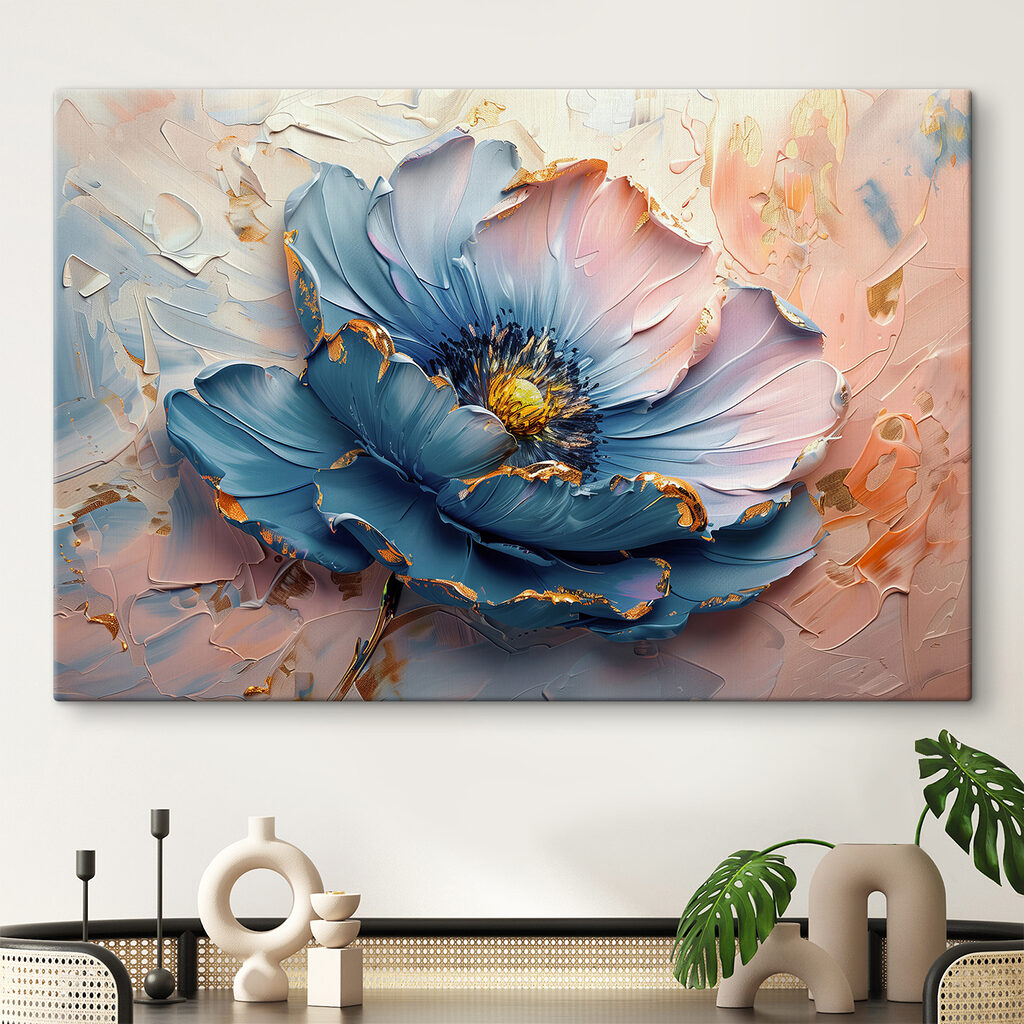 Blue petals adorn the canvas