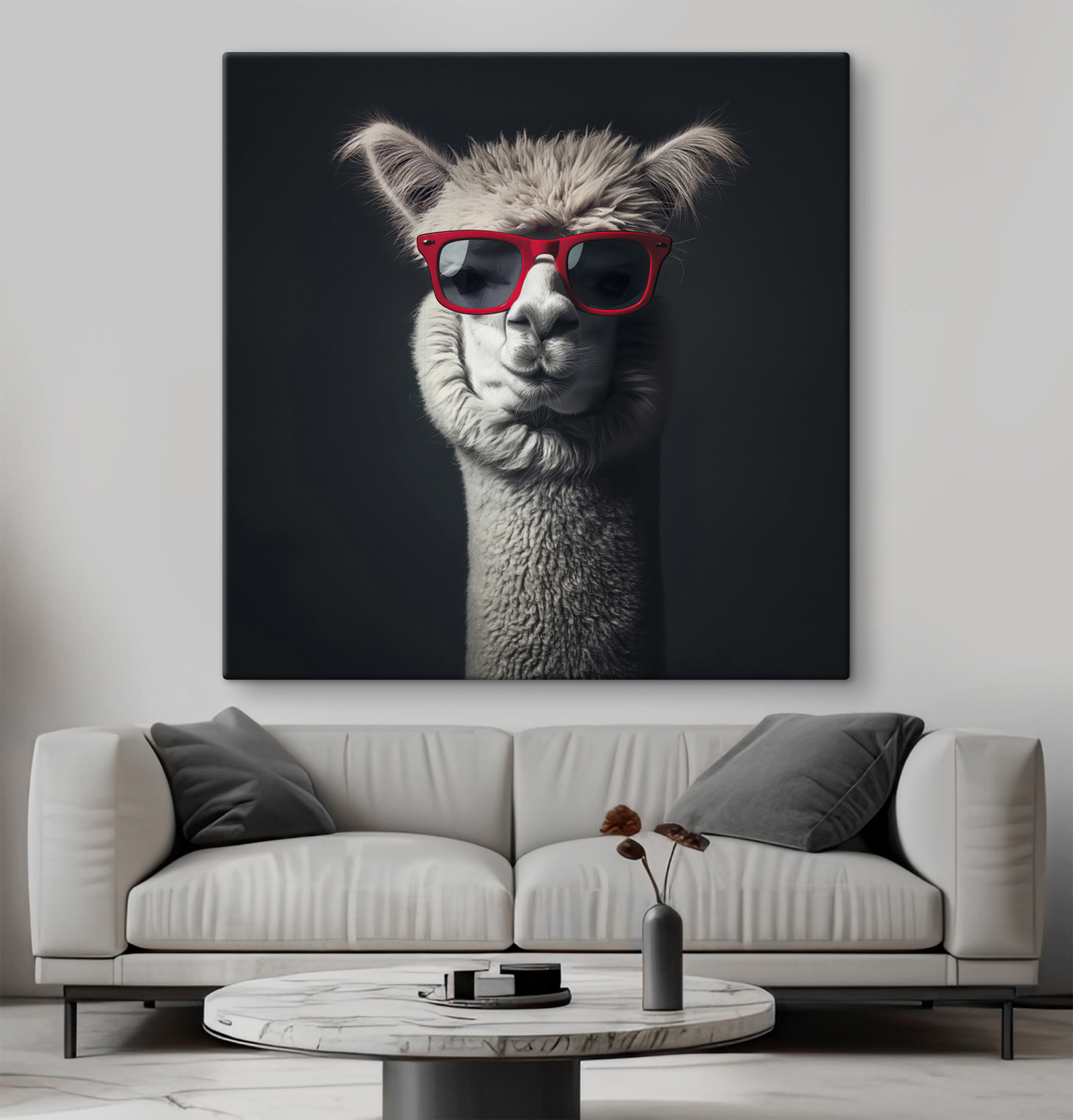Llama wearing red sunglasses