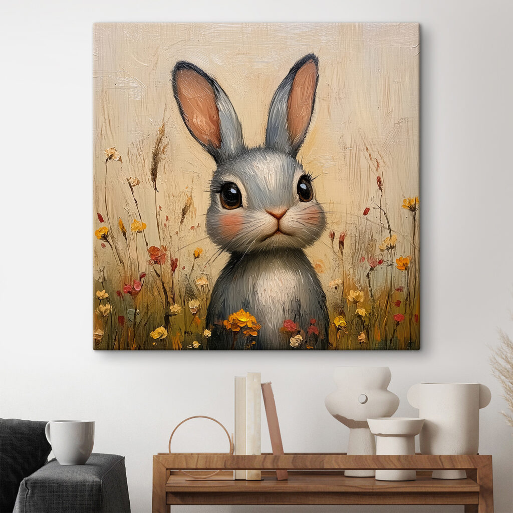 Painting of a rabbit in a field of flowers Painting of a rabbit in a field of flowers
