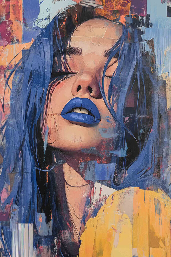 Woman with blue hair and blue lipstick