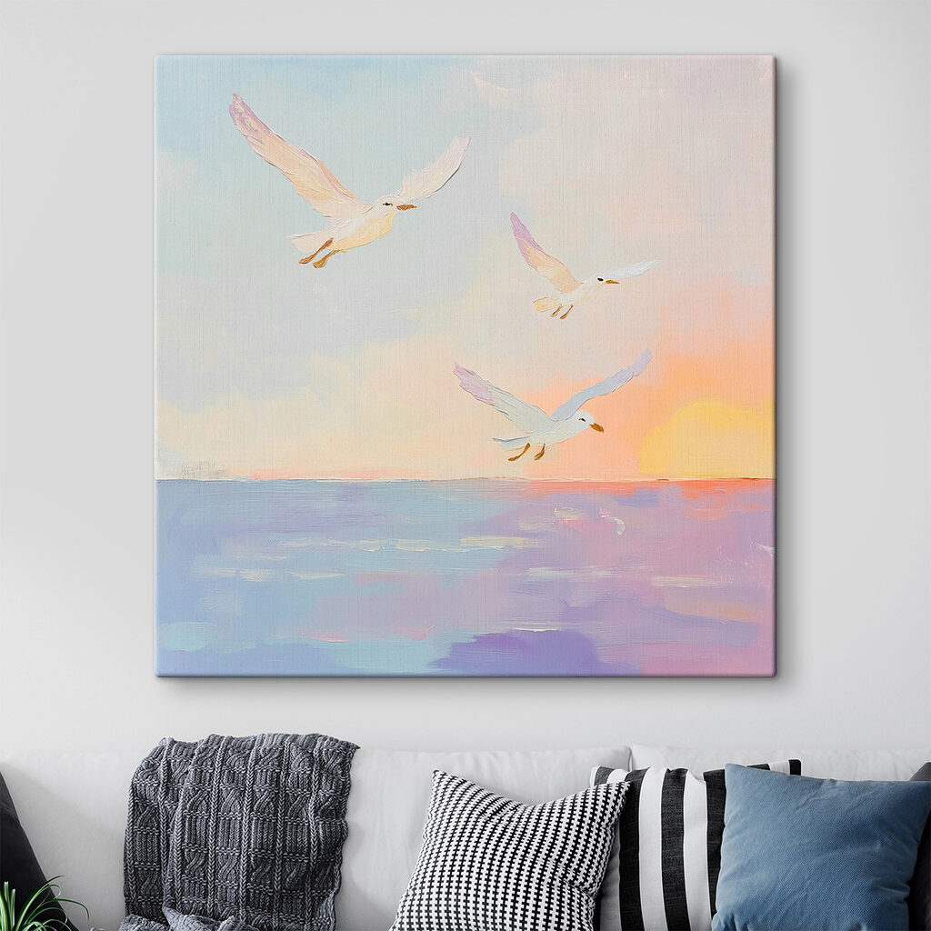 Painting of birds flying over water Painting of birds flying over water