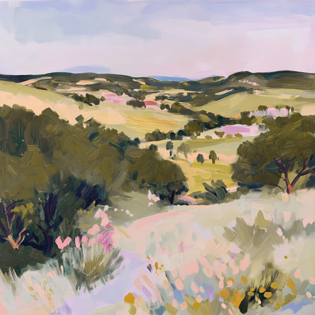 Painting of a landscape with trees and hills Painting of a landscape with trees and hills