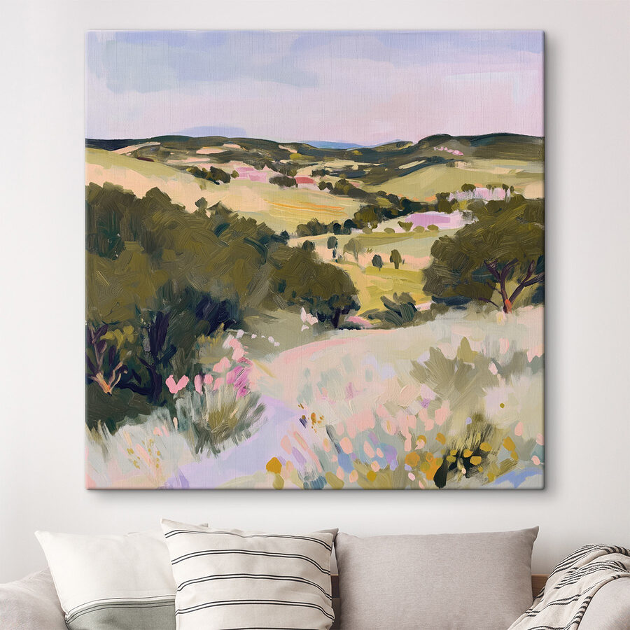 Festmény egy tájkép fákkal és dombokkal