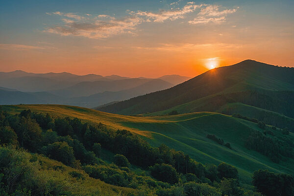 Sunset over a green hill