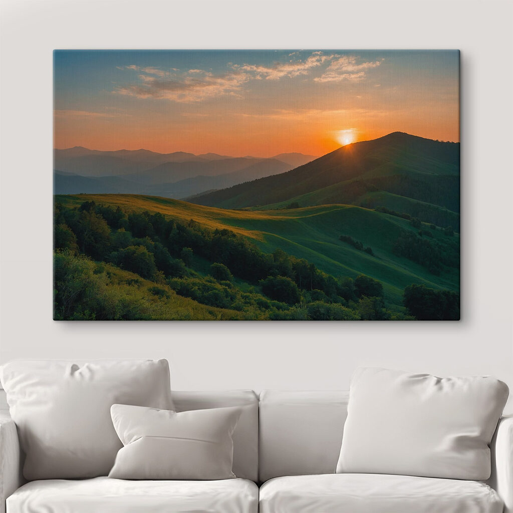 Sunset over a green hill