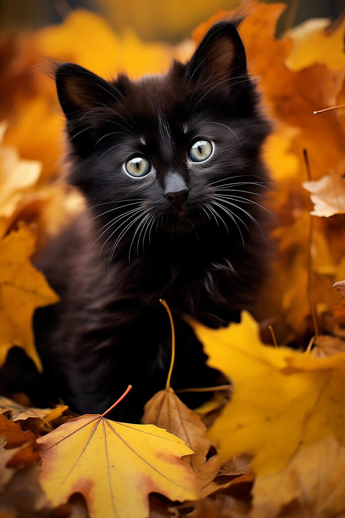 Black kitten in a pile of leaves Black kitten in a pile of leaves