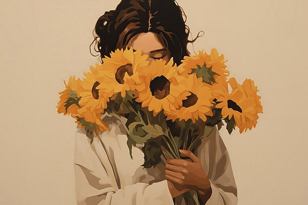 Woman holding a bouquet of sunflowers