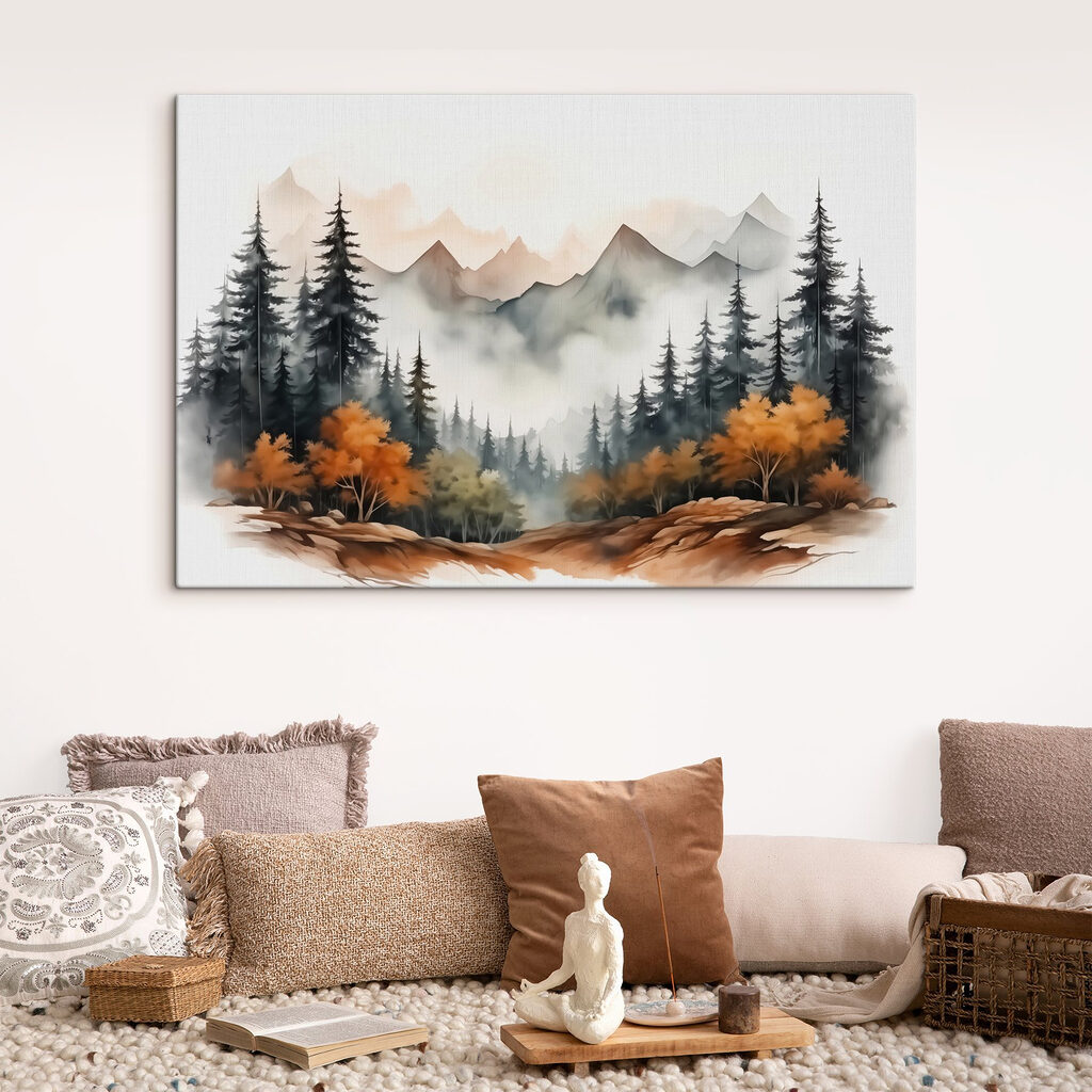 Painting of a forest and mountains