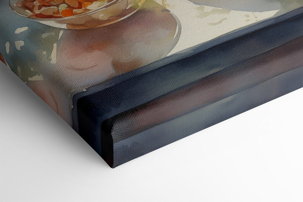 Watercolor painting of a table with food and flowers in front of a window