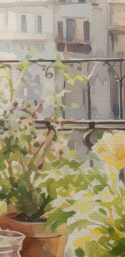 Watercolor painting of flowers and fruits on a table in front of a window