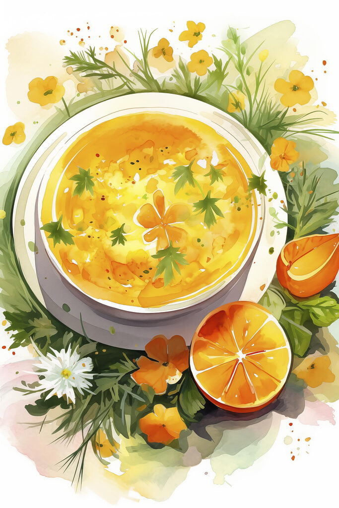 Bowl of orange soup with flowers and leaves