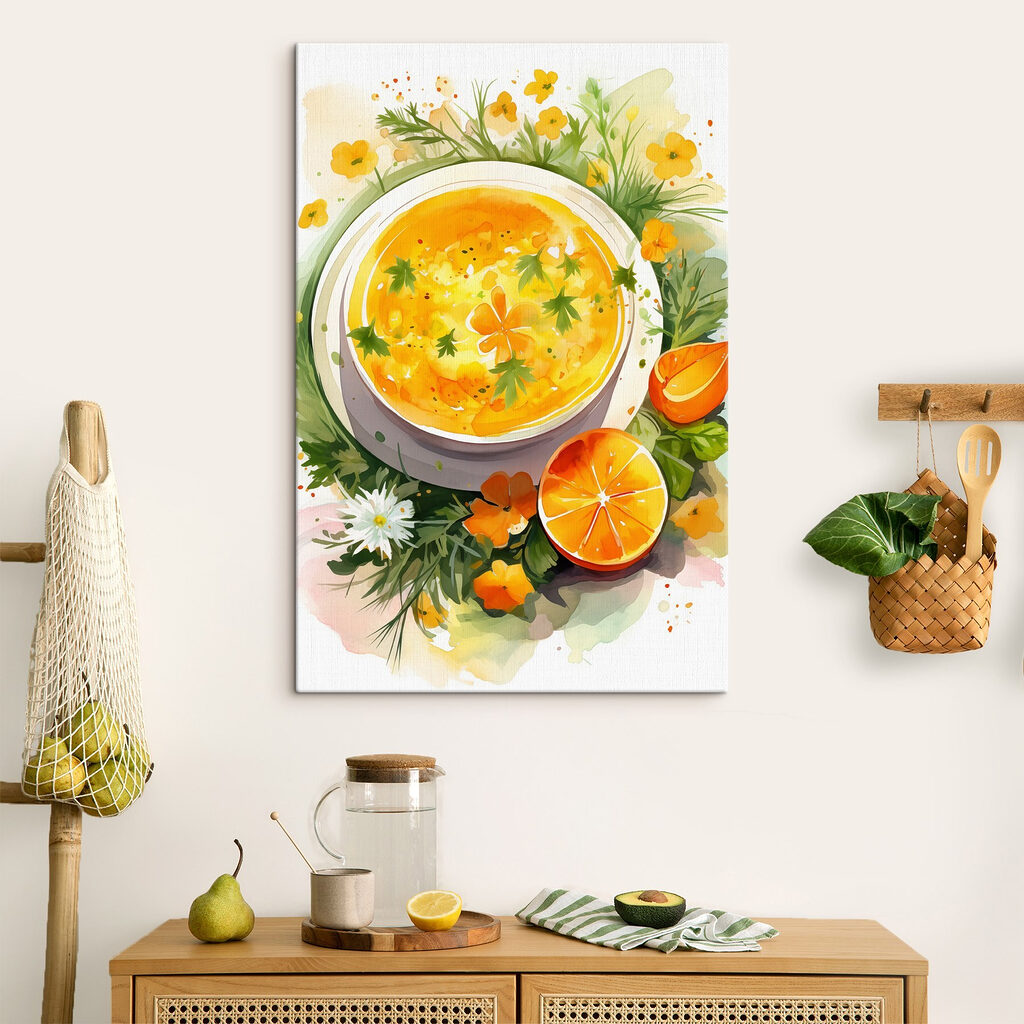 Bowl of orange soup with flowers and leaves