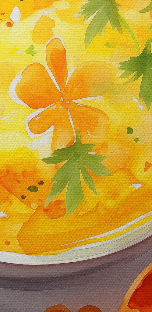 Bowl of orange soup with flowers and leaves