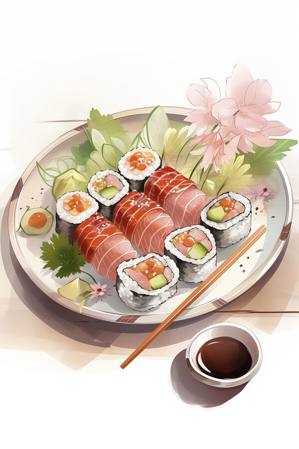 Tányér sushi mártással és virágokkal Tányér sushi mártással és virágokkal